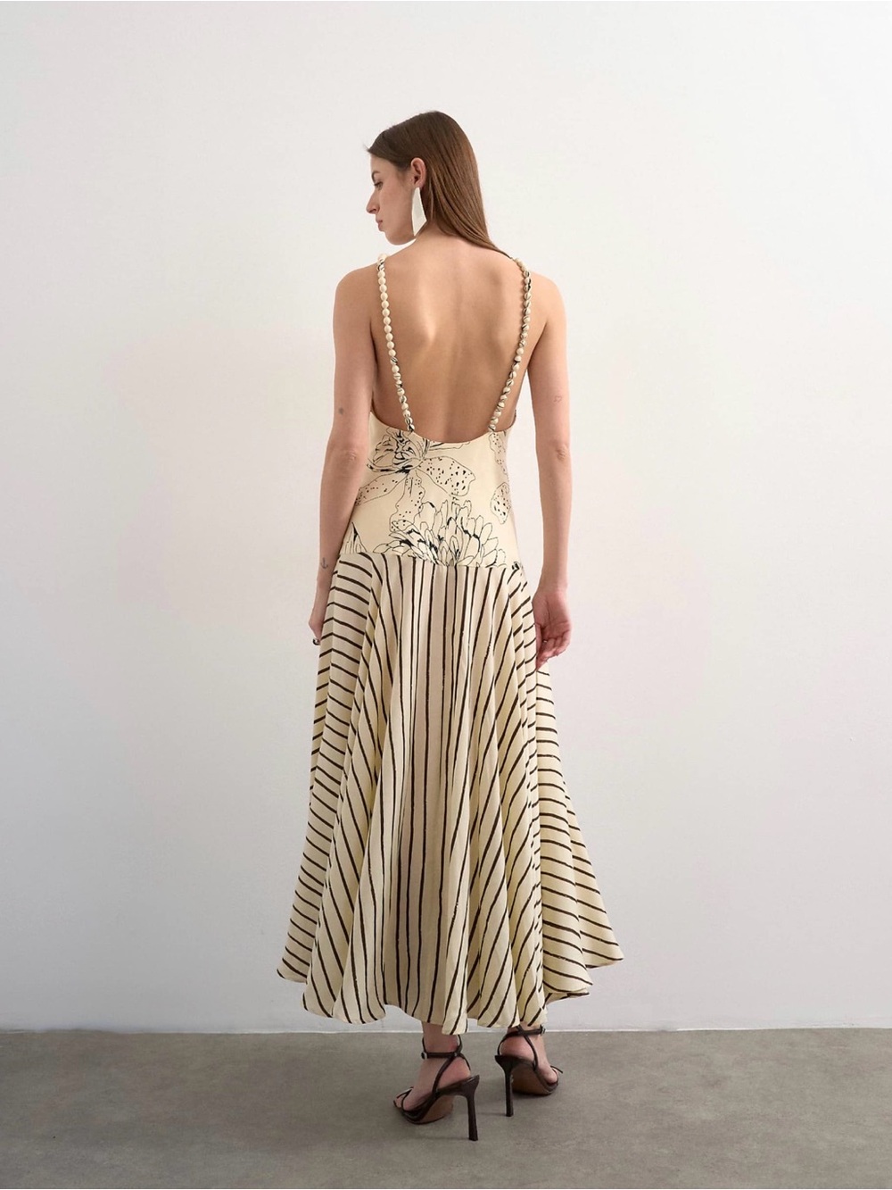 Contrast Floral Stripe Print Beaded Strap Midi Dress - Picture 3 of 4